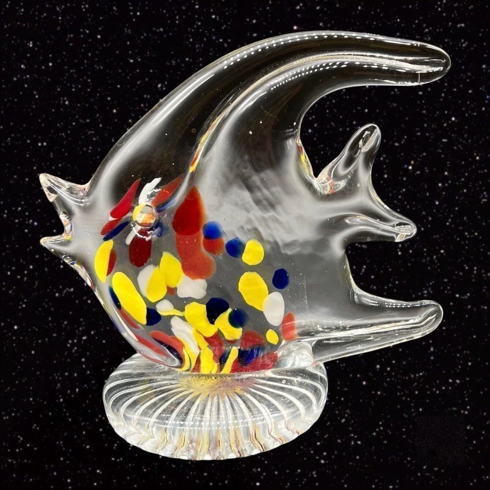 Vintage Art Glass Fish‎ Paperweight Figurine Spotted Multi Color 5”t 5.5”w